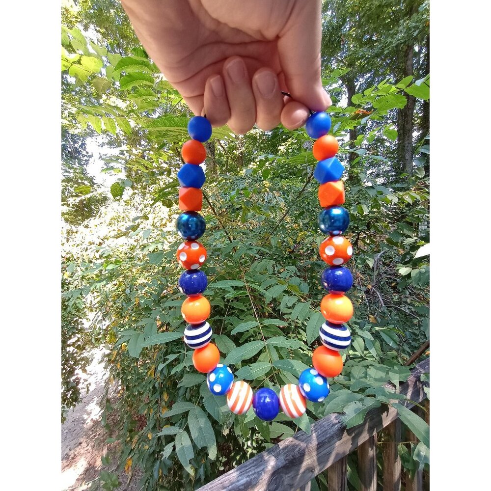 Game Day Dog Necklace, Orange and Blue Chunky Bead Pet Jewelry, Football Spirit